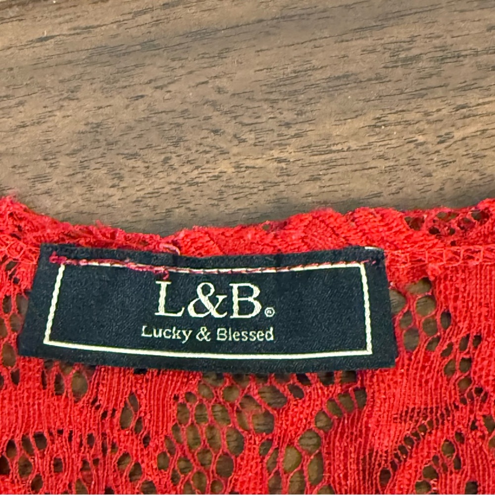 L&B Lucky & Blessed Red Lace Open Front Drape Vest Boho Layering Kimono - Picture 5 of 6